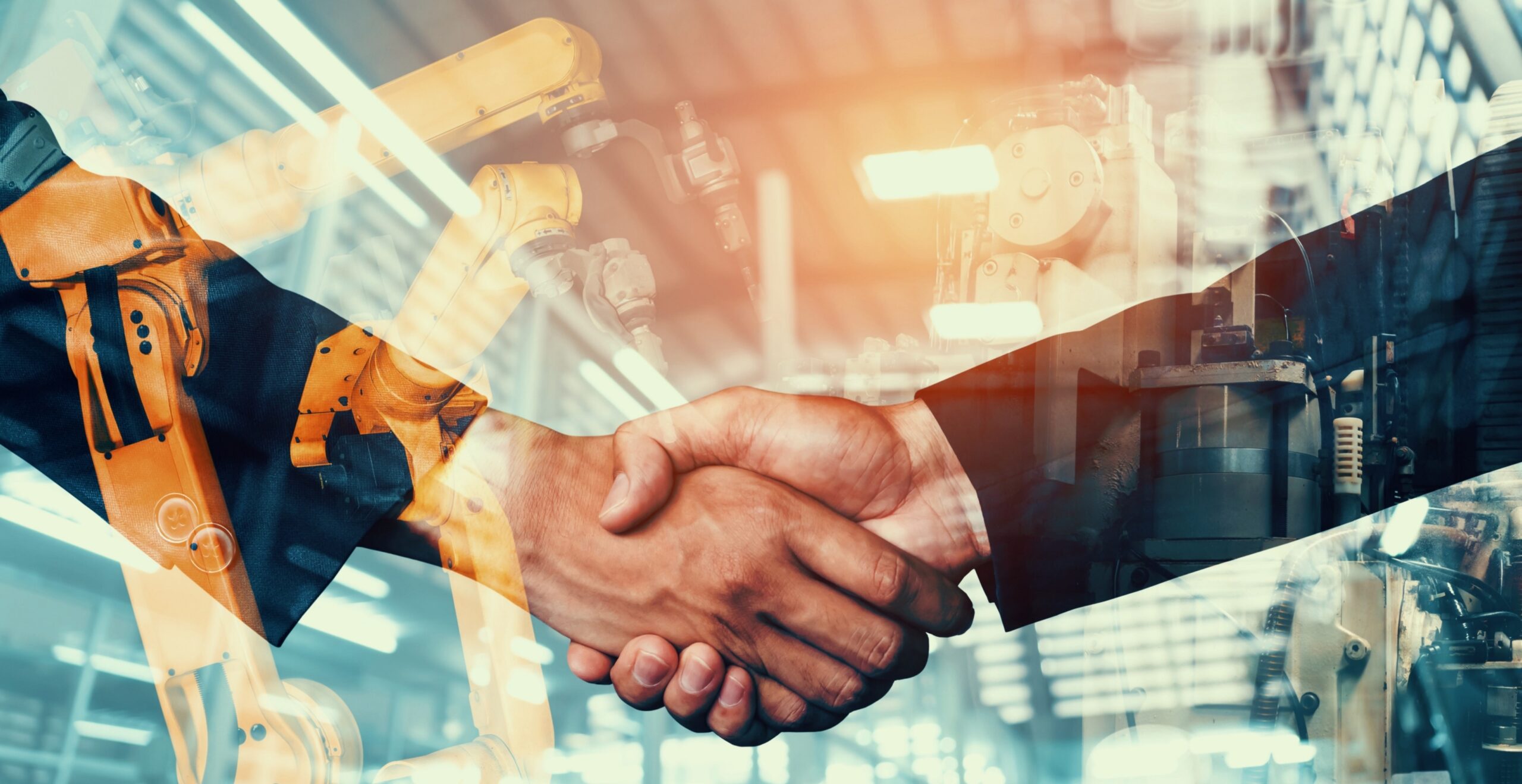 mechanized,industry,robot,arm,and,business,handshake,double,exposure,.