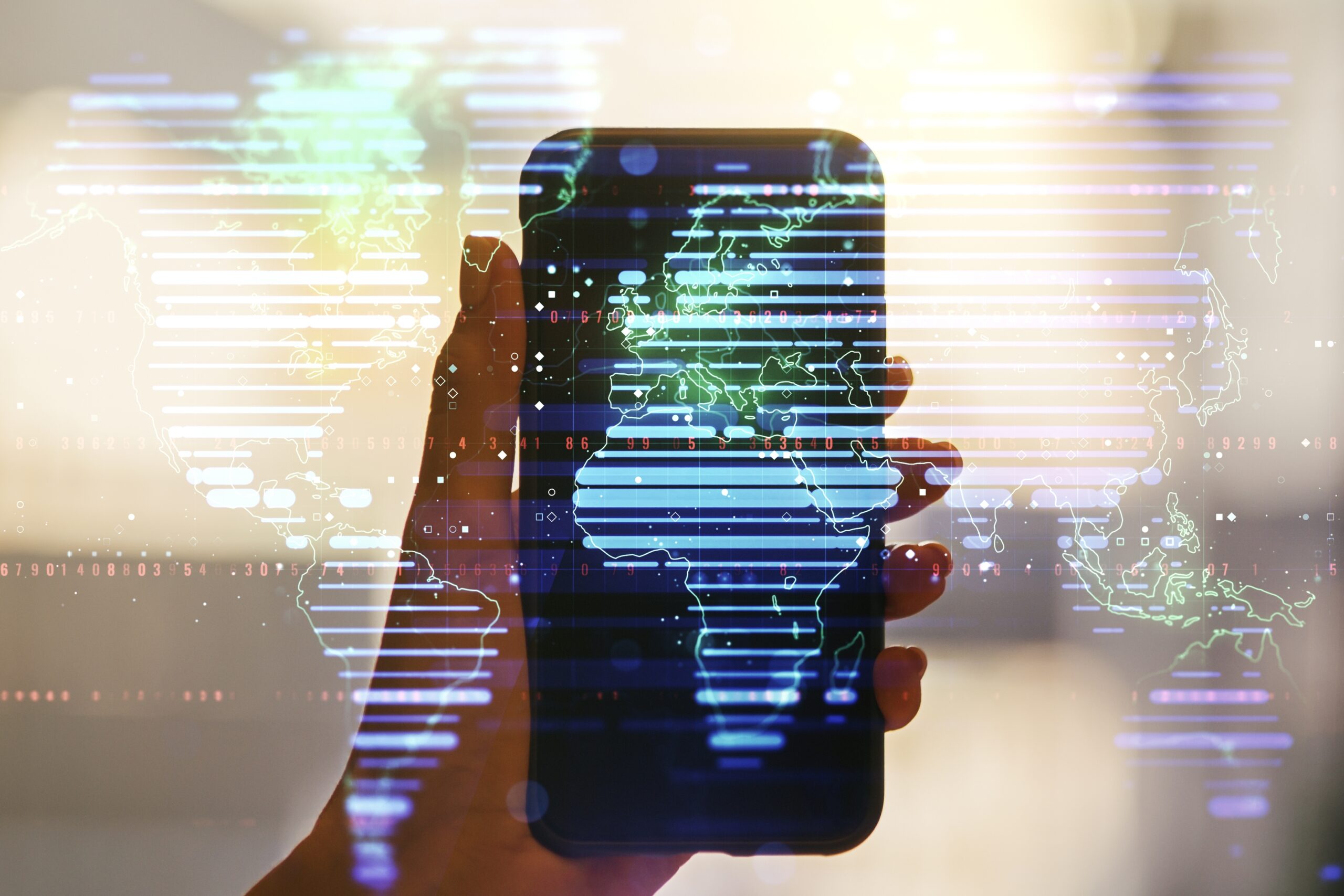 double,exposure,of,abstract,digital,world,map,and,hand,with